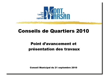 image-lien : Page de garde du dossier point avancement et présentation des travaux 2010 des conseils de quartier de Mont de Marsan et lien vers le dossier pdf